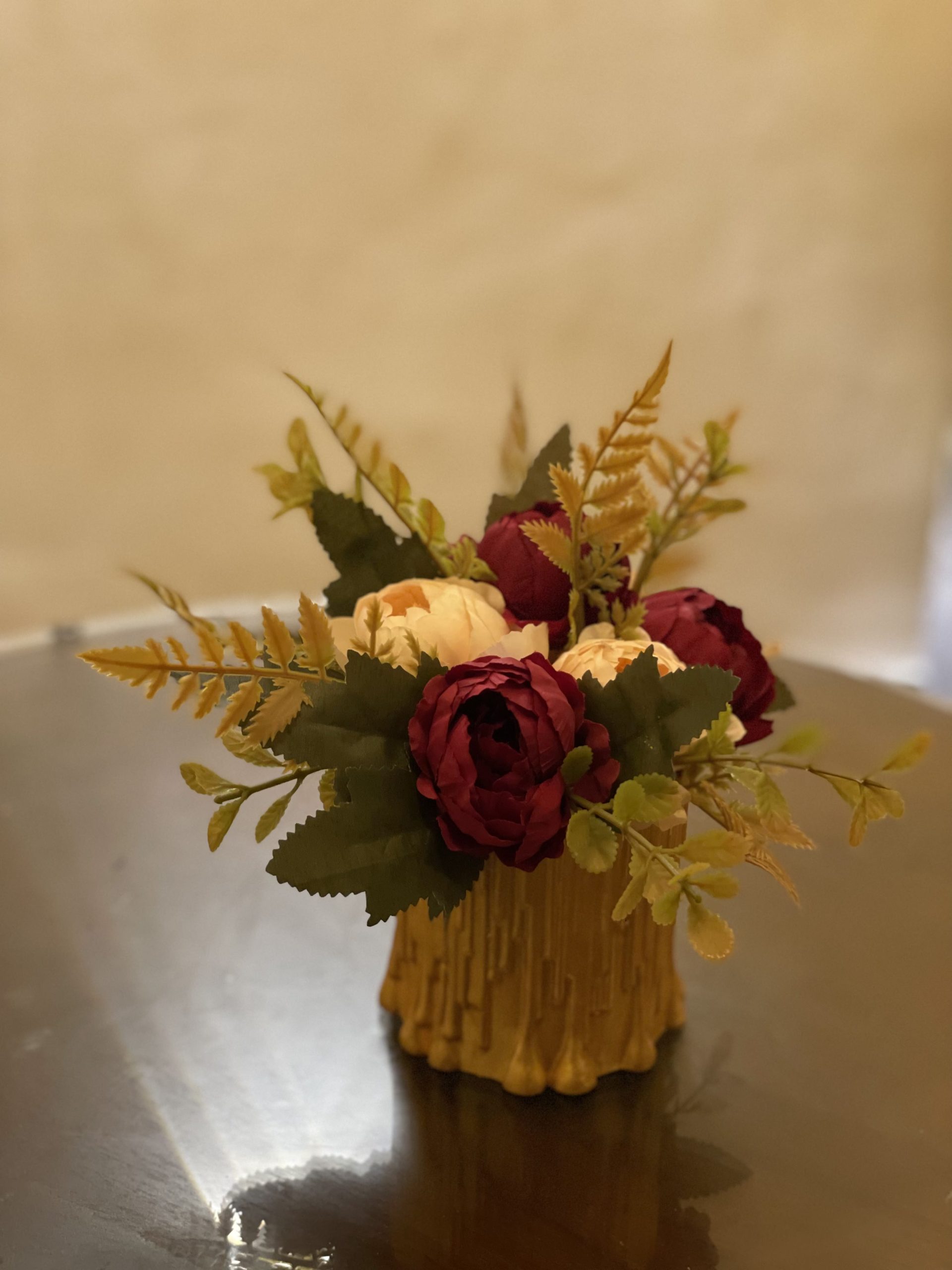 Peony Petal Gold Vase with Maroon & Light Pink Peony Arrangement
