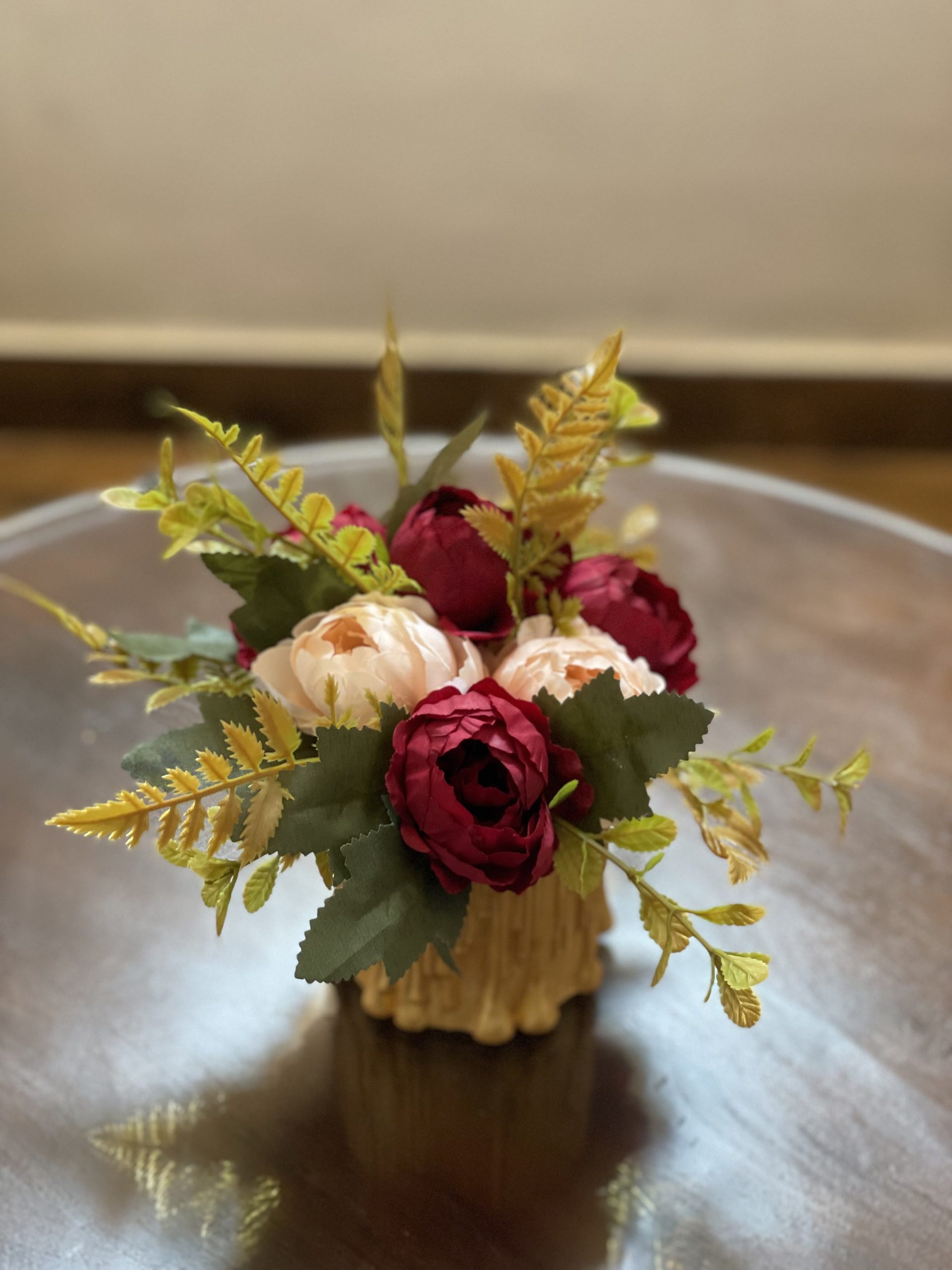 Peony Petal Gold Vase with Maroon & Light Pink Peony Arrangement