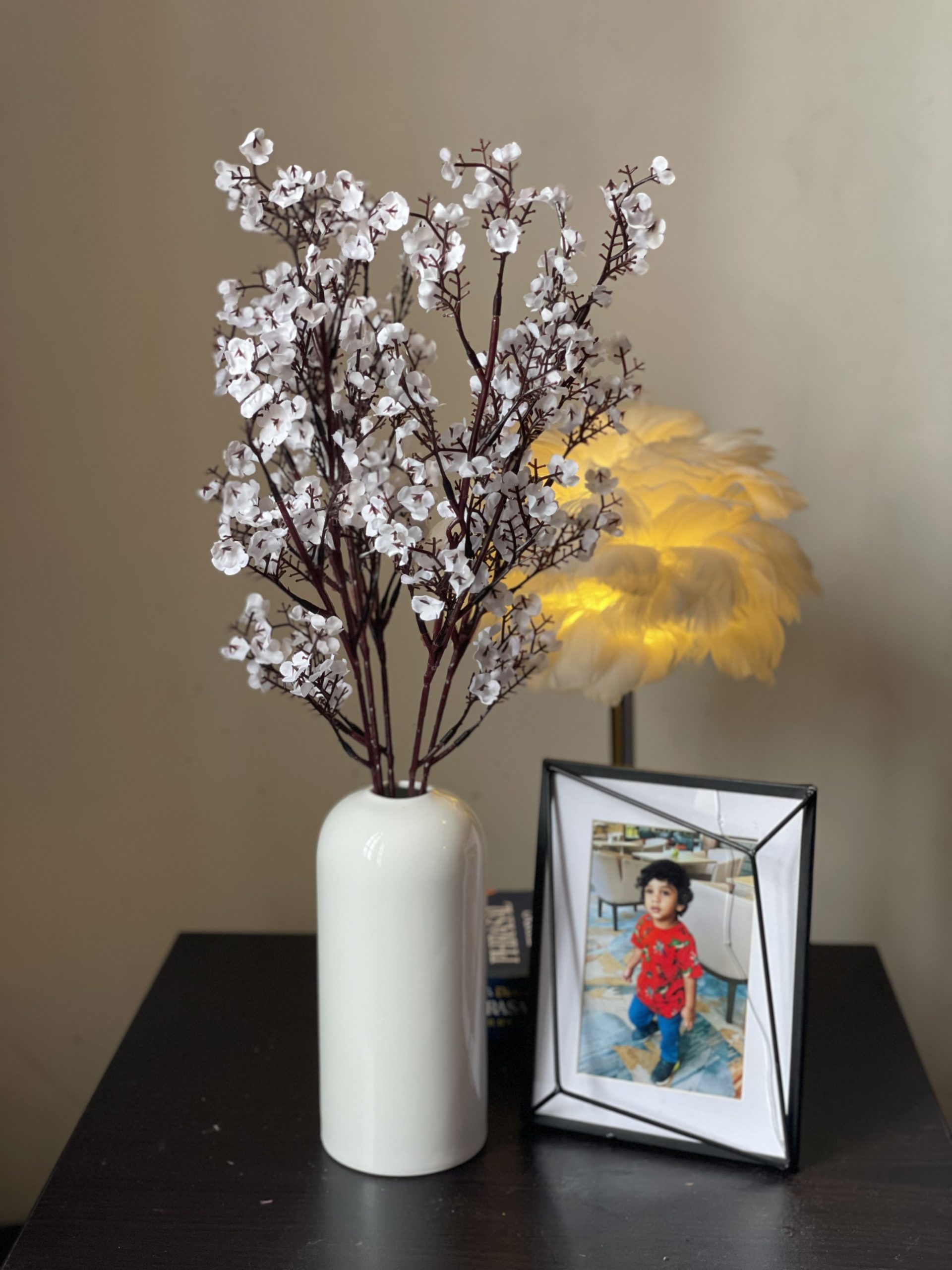 Ceramic Curved Elegant Vase with Snow Bud Stem Bunch